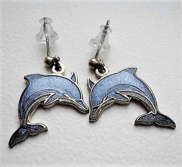 Zeldzame Fish Enamels Dolfijn oorbellen, 22 kt verguld (881), Ophalen, Nieuw, Blauw, Overige materialen