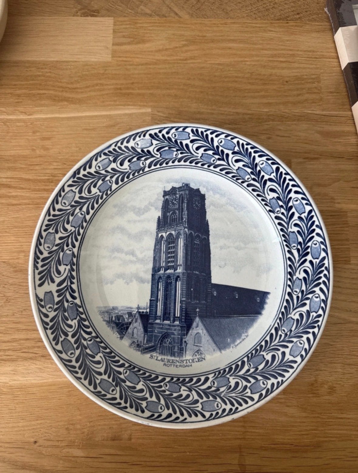 Antiek Delfts Blauw wandbord Laurenskerk Rotterdam, Ophalen