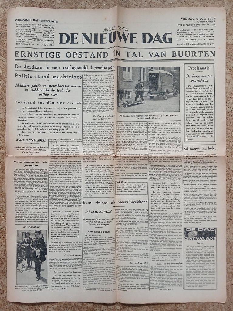 Jordaanoproer krant Amstelbode De Nieuwe Dag 6 juli 1934, Verzenden, 1920 tot 1940, Nederland, Krant