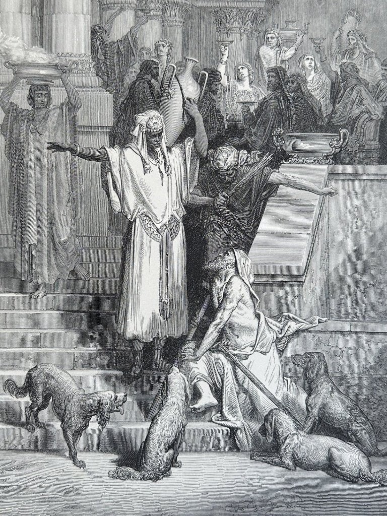 Lazarus bij de rijke man - antieke houtgravure Doré, Ophalen of Verzenden, 30 cm, 1800 - 1899, 40 cm