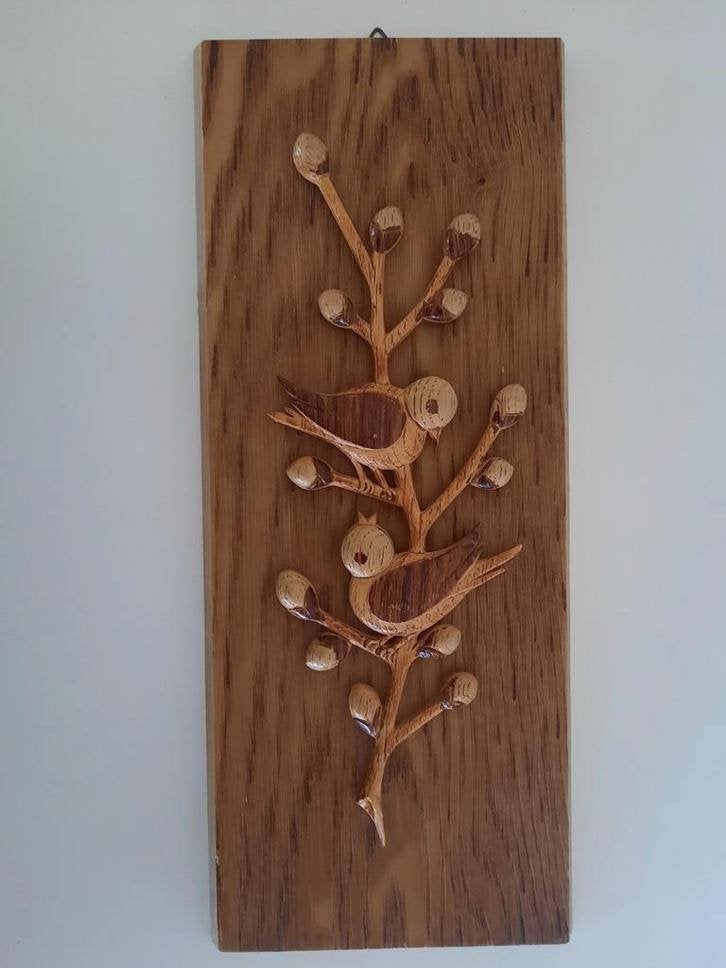 wandpaneeltje met vogels ~vintage ~, 33 cm, 14 cm, Vintage, Ophalen of Verzenden