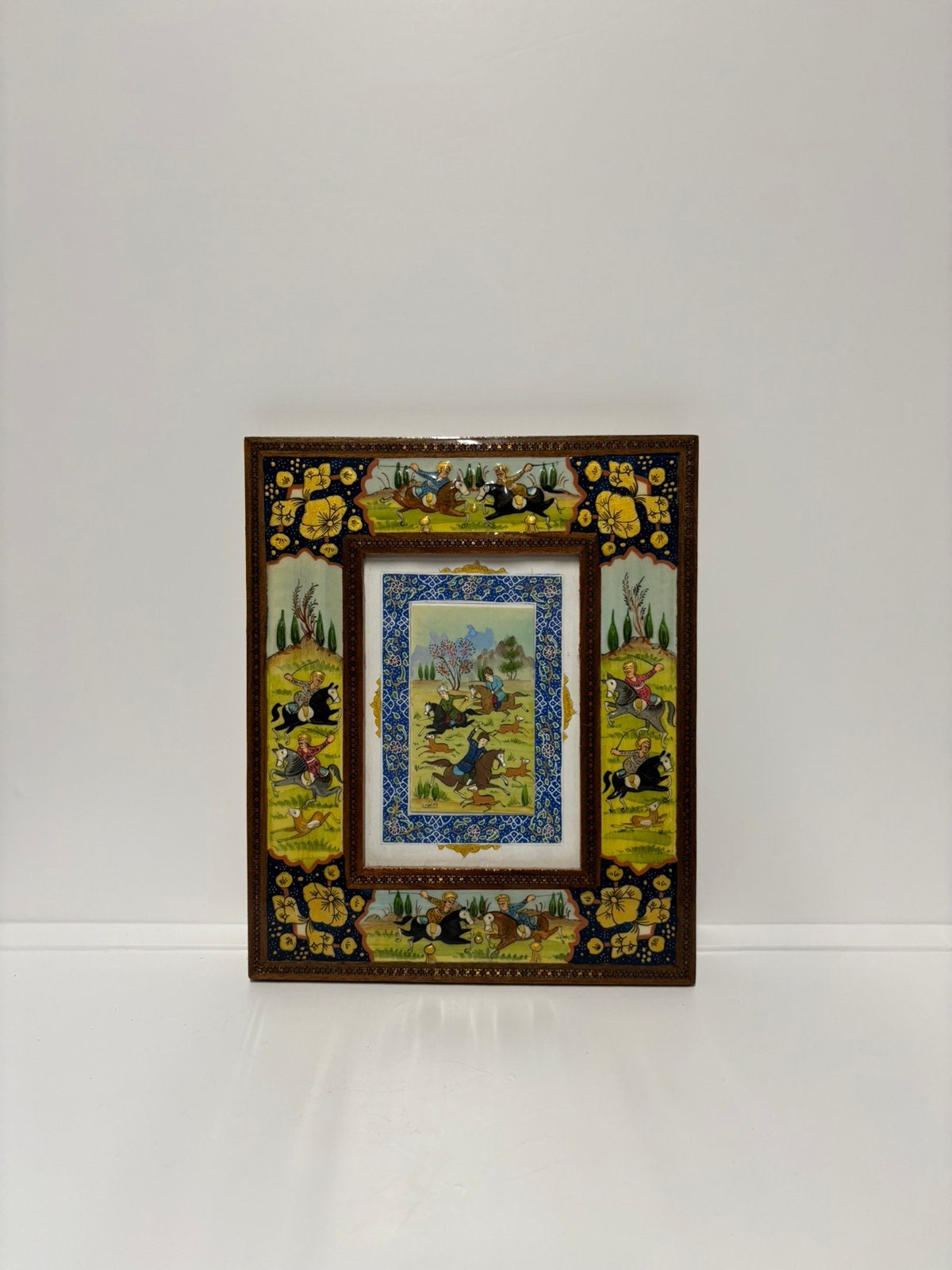Vintage Perzisch schilderij in versierde Khatam lijst, Verzenden