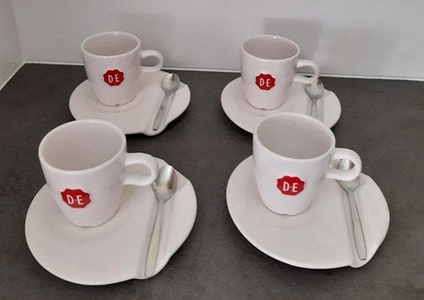Douwe Egberts koffiekopjes met schotels en lepel uitsparing, Huis en Inrichting, Keuken | Servies, Overige merken, Ophalen of Verzenden