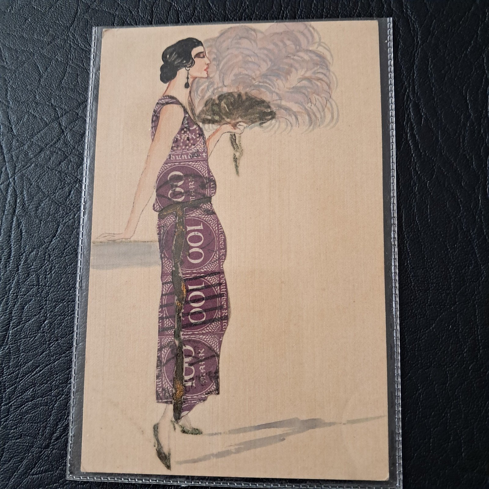 Vroege Duitse Art Deco kaart dame met Jurk 100 Markbiljetten, Verzenden, 1920 tot 1940, Overige thema's