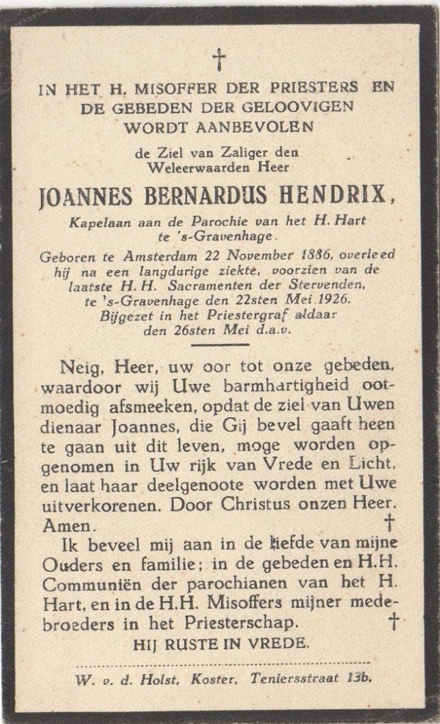 kapelaan Joannes Hendrix 1886 Amsterdam + 1926 Den Haag, Verzamelen, Bidprentjes en Rouwkaarten, Verzenden