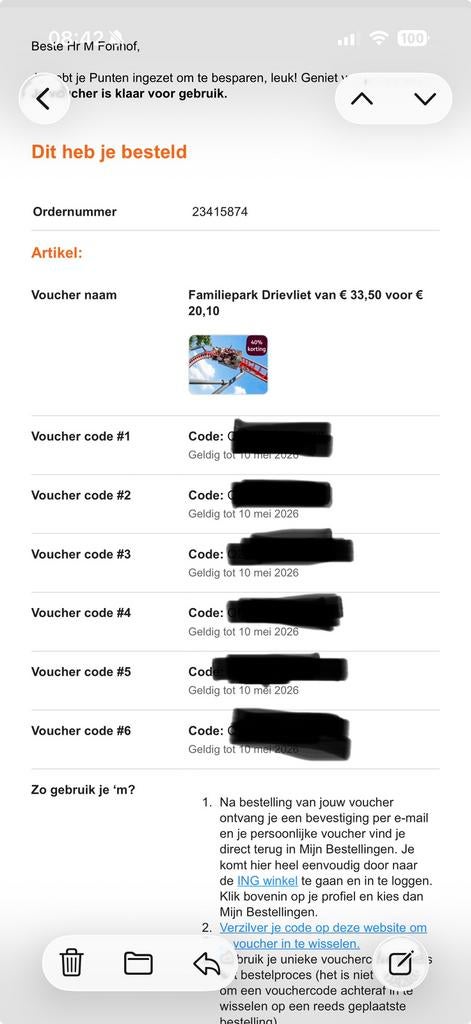 6 x drievliet voucher codes (voor tickets voor 21 euro), Tickets en Kaartjes, Eén persoon, Kortingsbon
