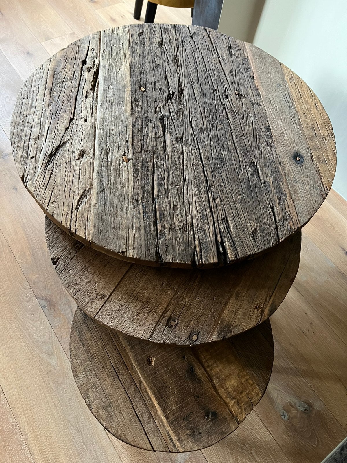 Salontafelset van oude wagondelen/oud hout, Ophalen, Zo goed als nieuw, Rond, 50 tot 100 cm