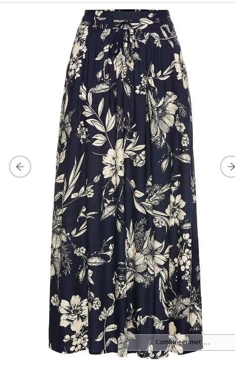 Donker blauwe/kiezelbeige maxi rok met bloemenprint maat 52, Bonprix, Blauw, Rok, Nieuw