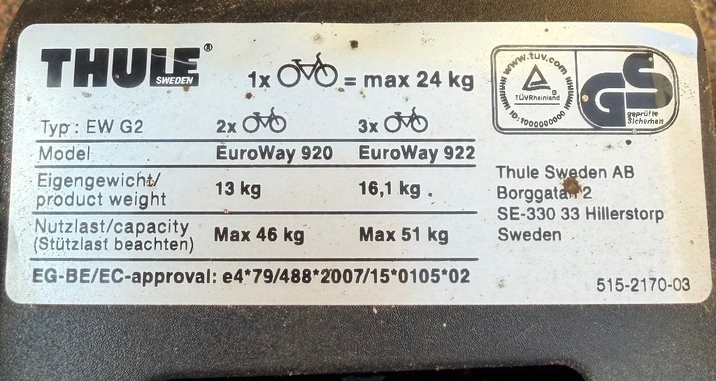 Thule EuroWay 920 Trekhaakdrager voor 2 fietsen, Auto diversen, Fietsendragers, Ophalen, Gebruikt, Brede banden, 2 fietsen