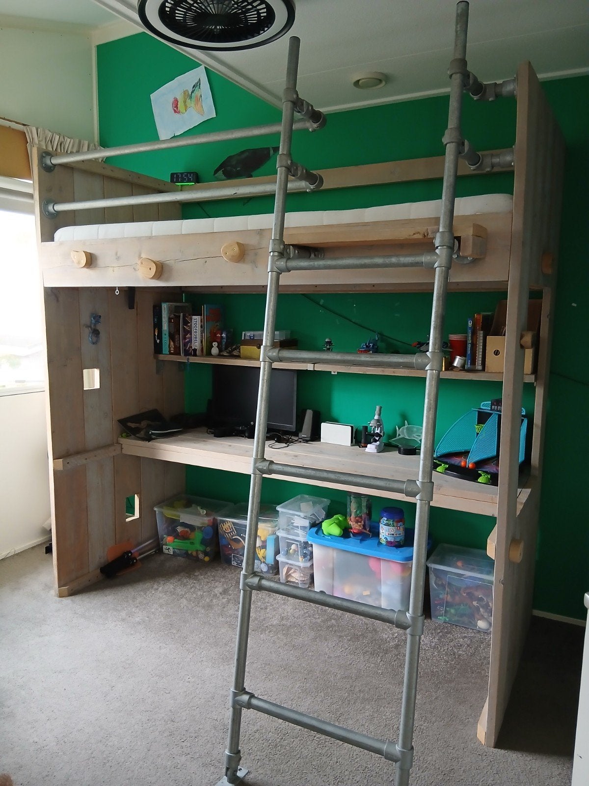 Hoogslaper steigerhout met klim/hang rondom, Ophalen, Eenpersoons, 210 cm, Zo goed als nieuw