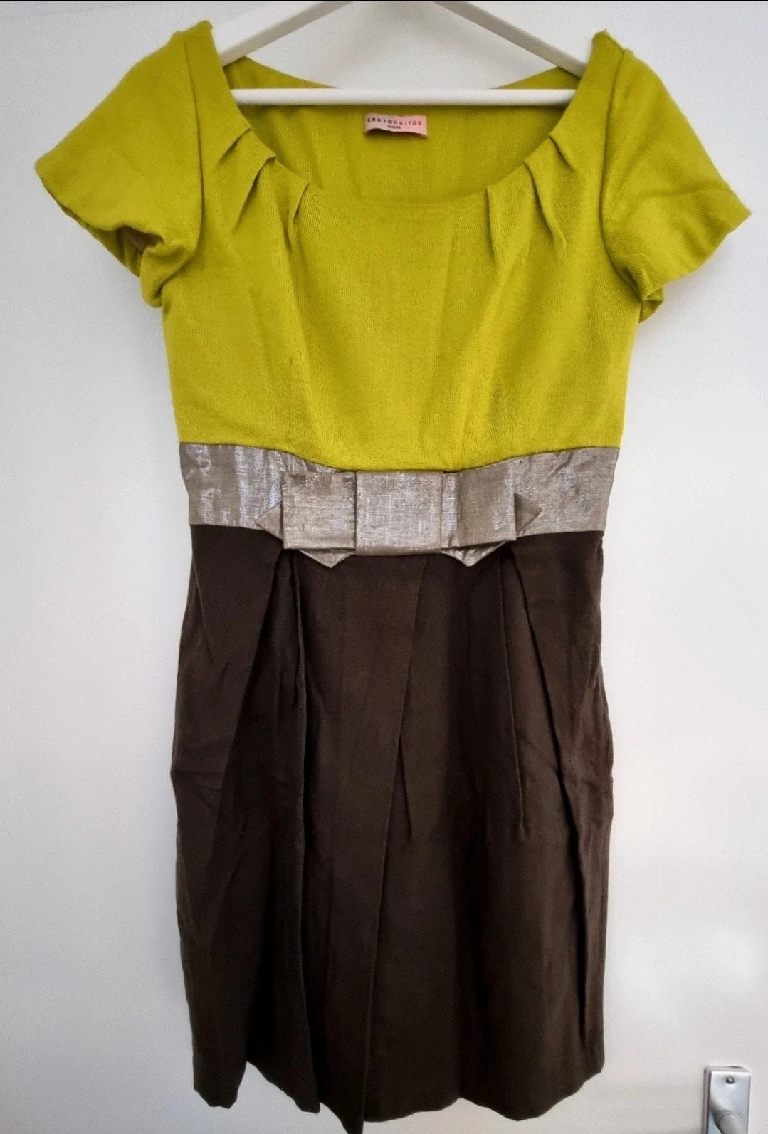 Vintage Erotokritos Tricot jurk - Groen/Bruin met zilver, Maat 38/40 (M), Erotokritos, Ophalen of Verzenden, Zo goed als nieuw