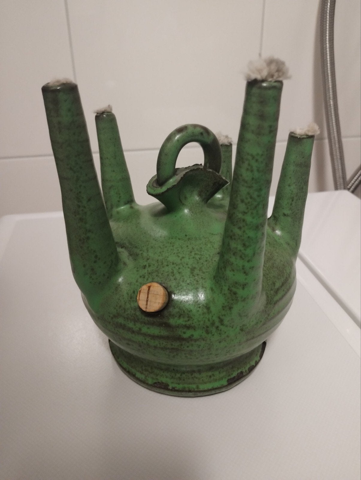 Oud groen keramiek grote olielamp, Ophalen of Verzenden