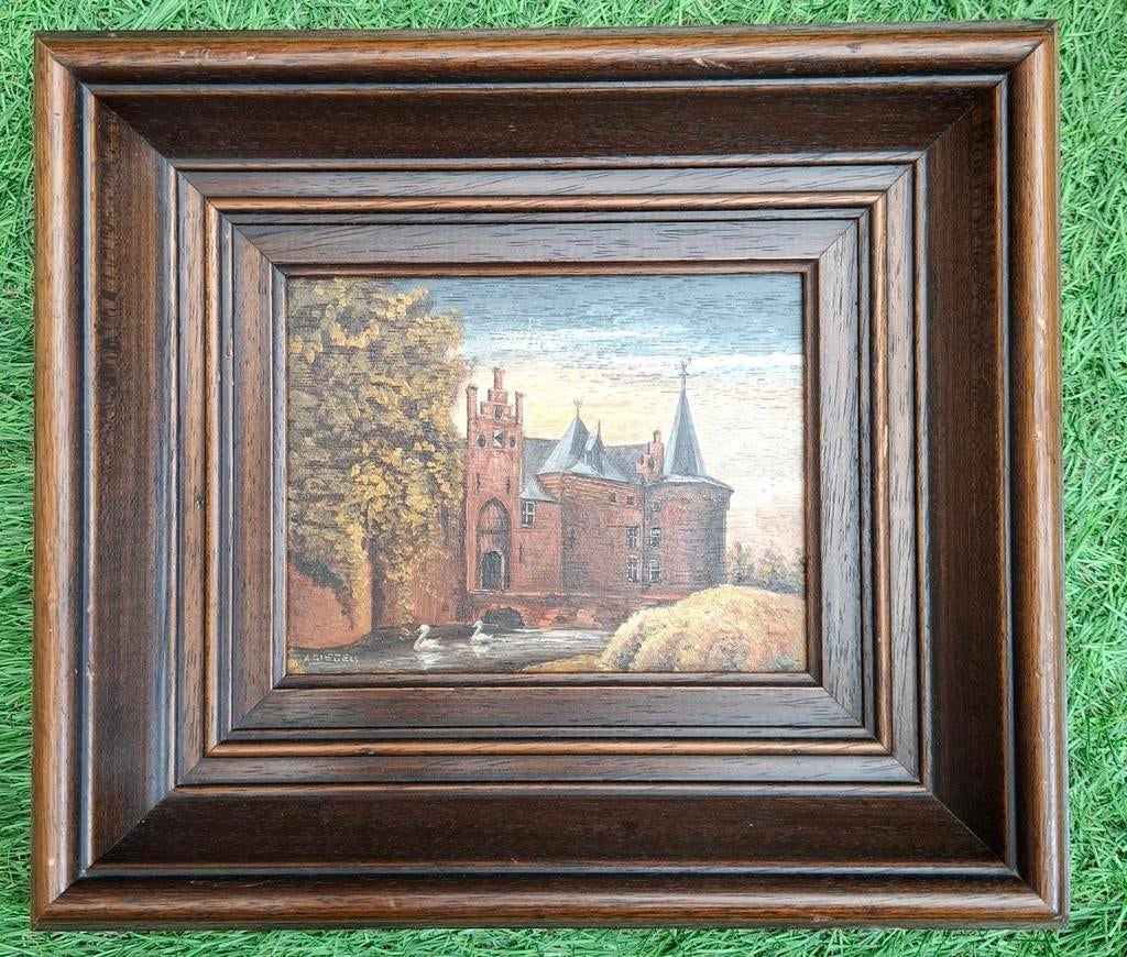 Olieverfschilderij A. Giebels - Kasteel met zwanen, Antiek en Kunst, Kunst | Schilderijen | Klassiek, Ophalen of Verzenden