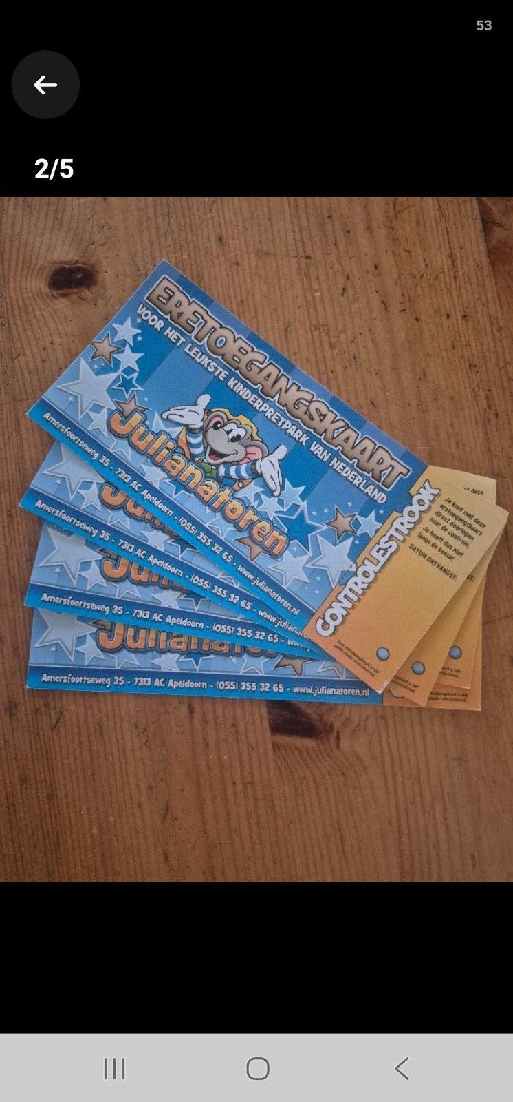 3x papieren dagkaart Julianatoren voor 60 euro., Ophalen of Verzenden