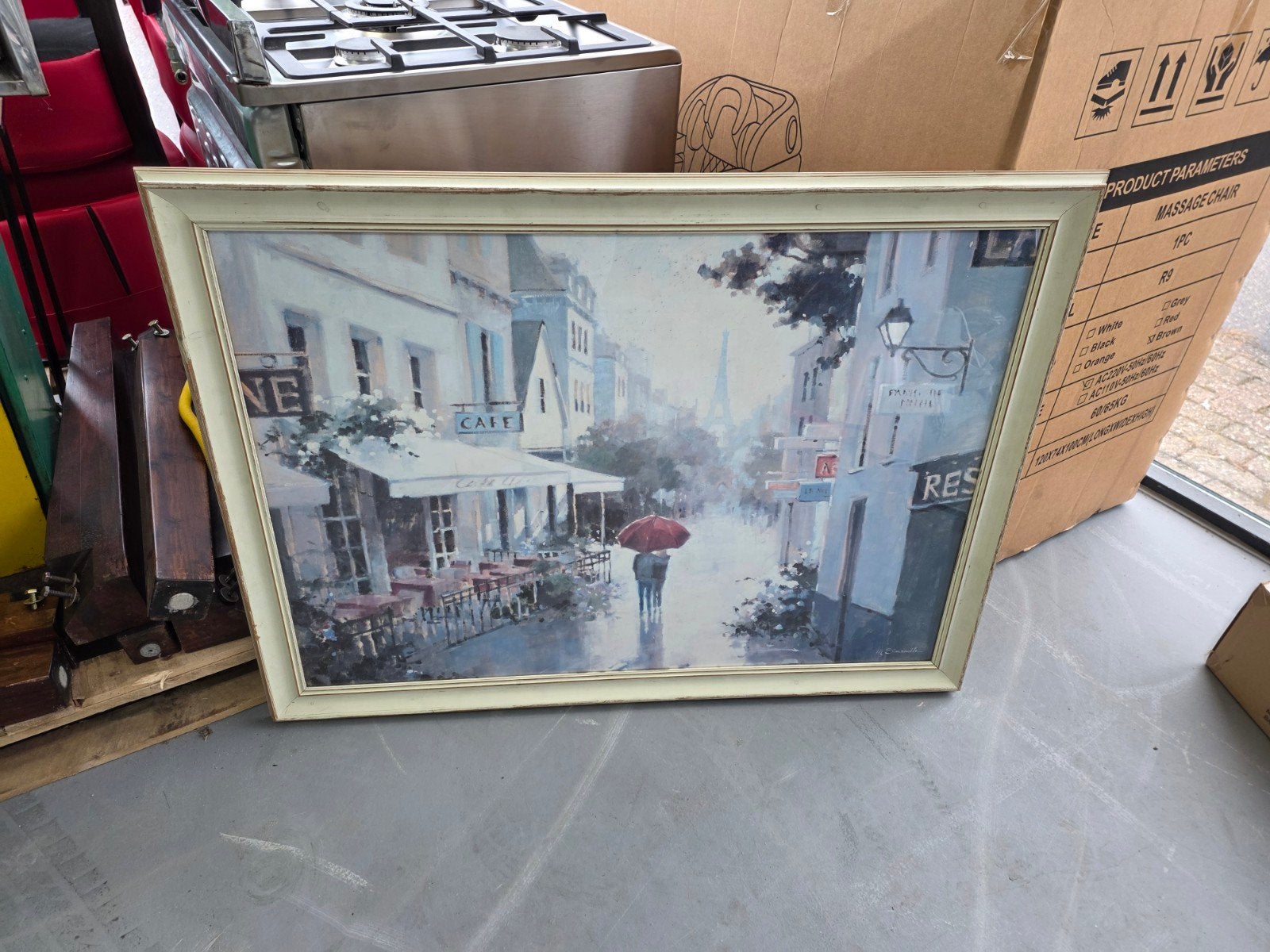 Schilderij Parijse straat met Eiffeltoren, Antiek en Kunst, Ophalen of Verzenden