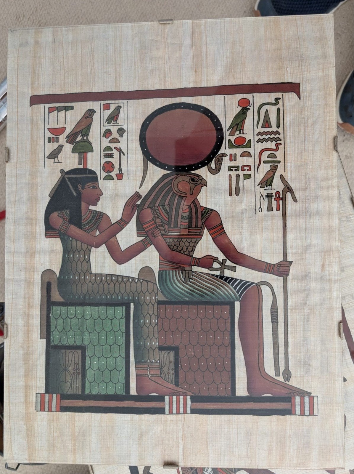 Egyptische papyrus kunstwerk in glazen lijst, Ophalen of Verzenden