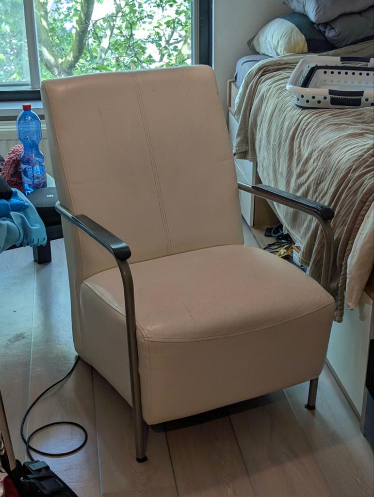 Crèmewit Leren Fauteuil Armstoel Zitstoel, Ophalen, Gebruikt, 75 tot 100 cm, Leer