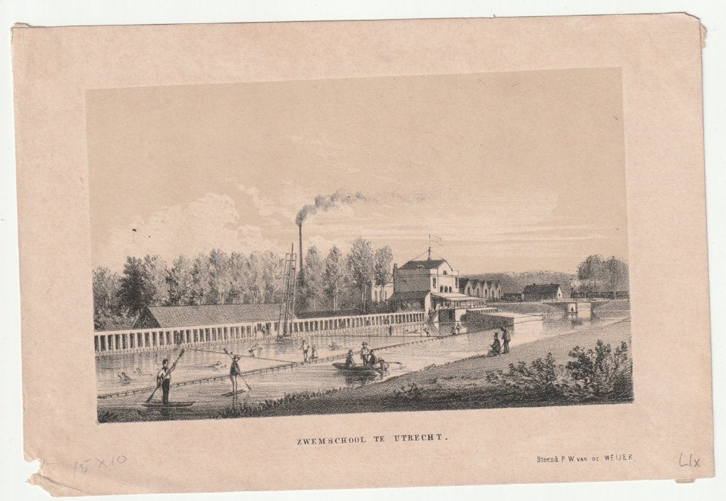 Zwemschool te Utrecht litho steendruk P.W. van de Weijer, Gebruikt, Verzenden, Voor 1940, Prent