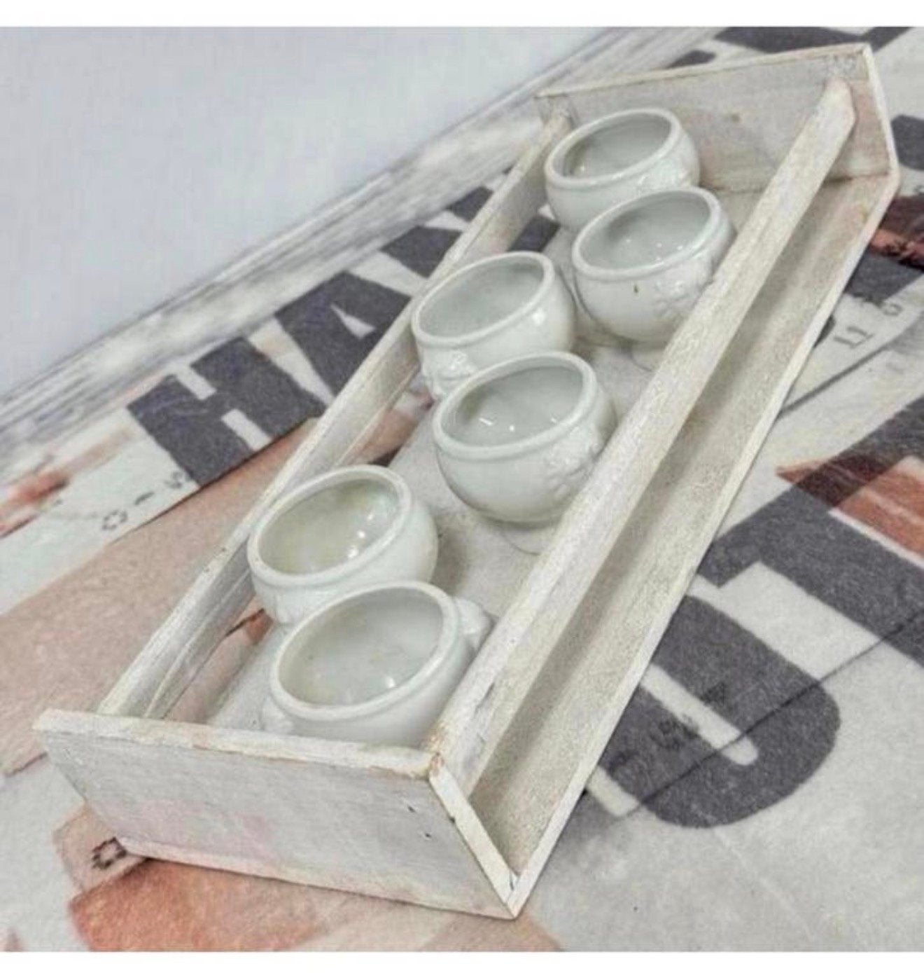 Vintage houten plankje met 6 eierdopjes eierdopje schaaltjes, Ophalen of Verzenden, H, H, H