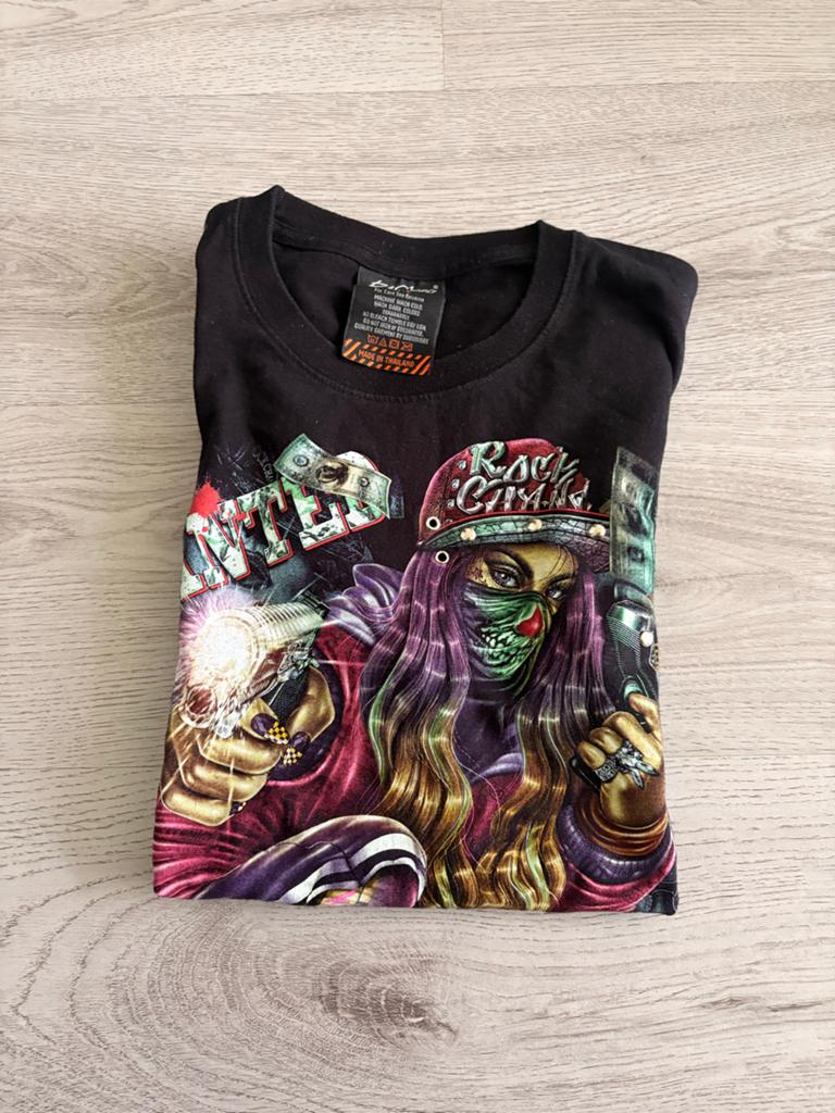 Zwart  Rock Chang met 'Wanted' print - Maat L, Kleding | Dames, T-shirts, Zwart, Maat 42/44 (L), Ophalen of Verzenden, Korte mouw