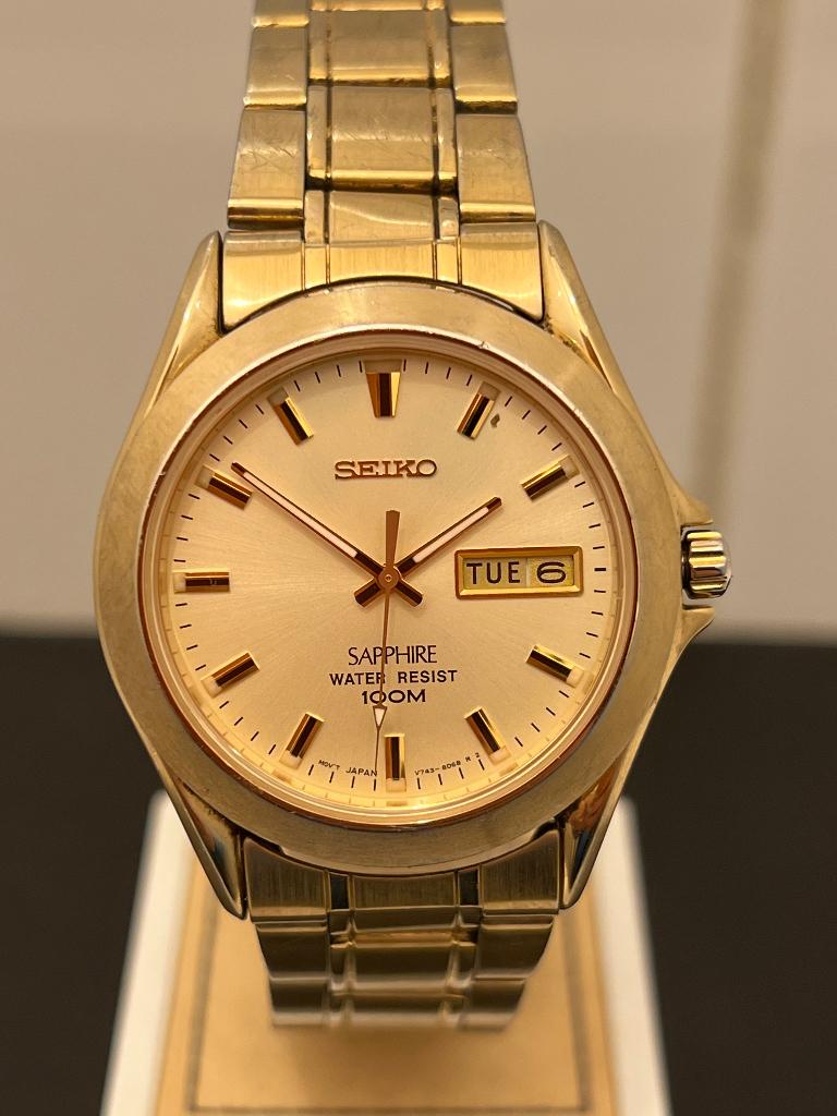 Seiko V743-8850 Sapphire Goudkleurig 35mm, Sieraden, Tassen en Uiterlijk, Horloges | Dames, Gebruikt, Staal, Polshorloge, Ophalen of Verzenden