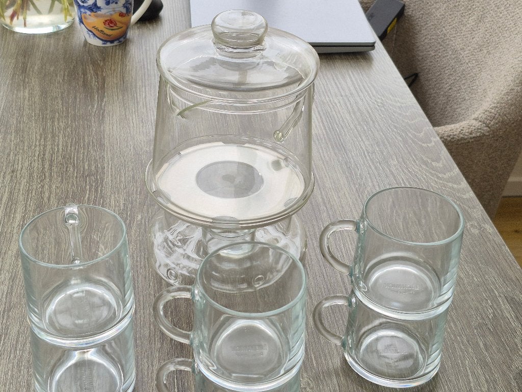 theepot met theeglazen, Huis en Inrichting, Keuken | Servies, Overige typen, Ophalen of Verzenden, Overige stijlen, Glas