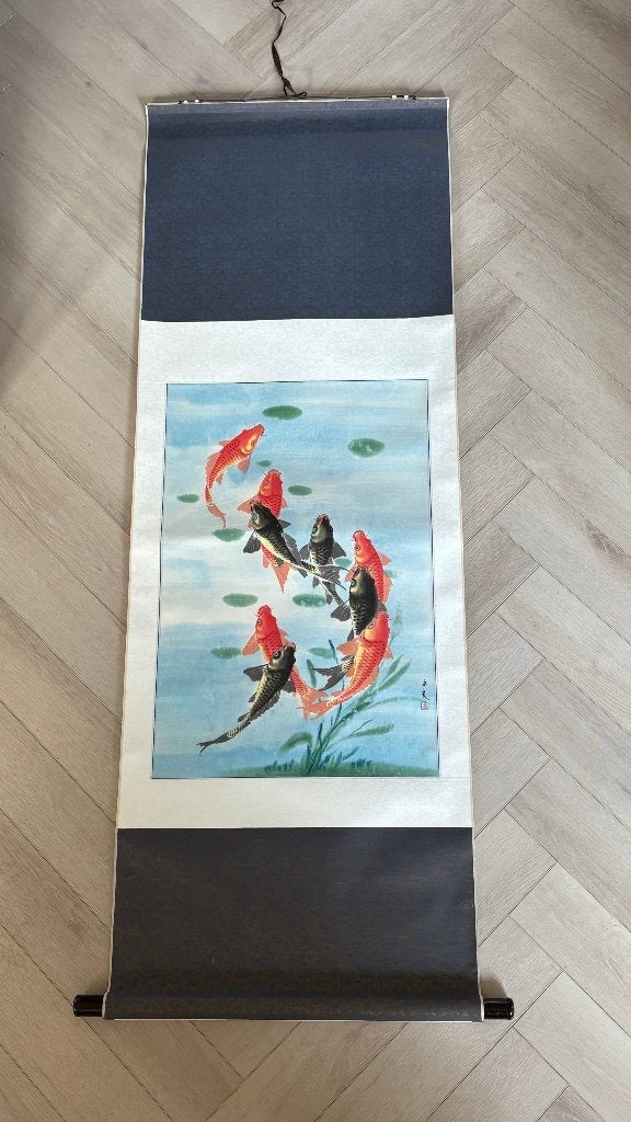 Chinees waterverfschilderij goudvissen, Ophalen, Schilderij, Handgemaakt, Papier/karton