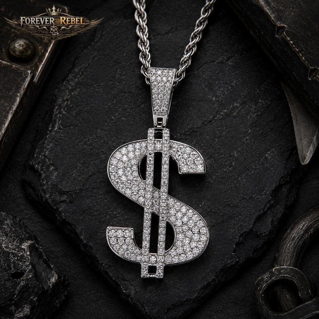 Iced Fortune Dollar hanger 158 moissanite - 925 Zilver, Foreverrebelmail@pm.me, Prins Bernhardstaat 104, Verzenden, Zilver