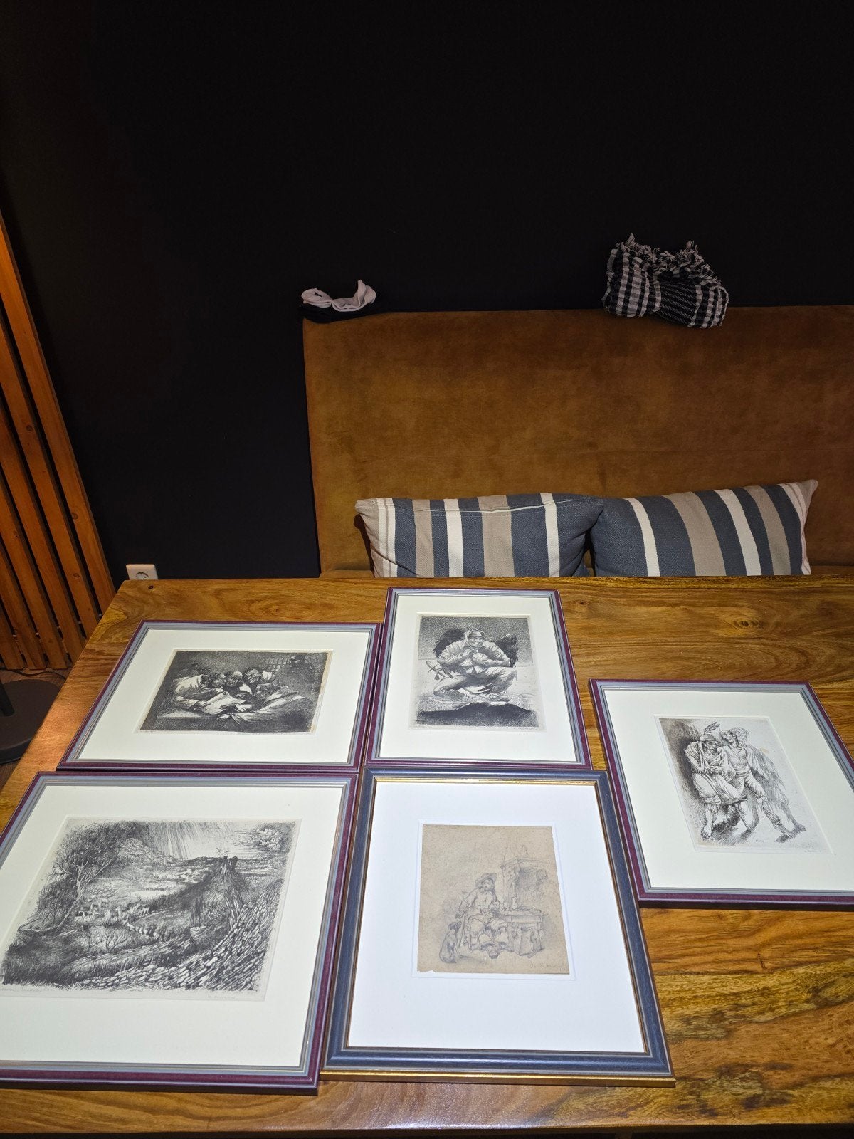 Set van 5 ingelijste etsen , 1 tekening, diverse onderwerpen, Antiek en Kunst, Ophalen, Dagelijks leven, Ets, Gesigneerd