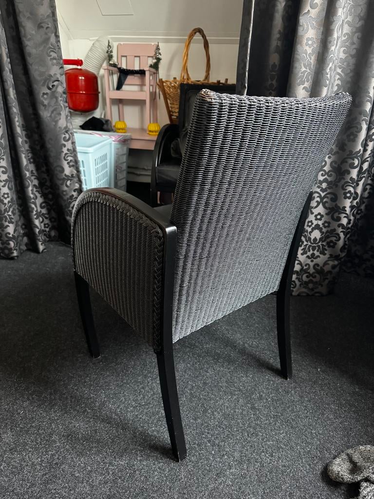 6 rieten stoelen met zwarte kussens, Huis en Inrichting, Stoelen, Gebruikt, Zwart, Riet of Rotan, Ophalen of Verzenden