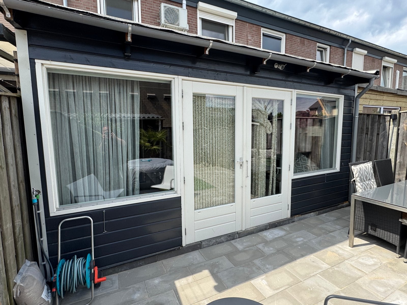 Hardhouten dubbele tuindeur met 2 hardhouten ramen, Ophalen, Hout, 120 cm of meer, 215 cm of meer