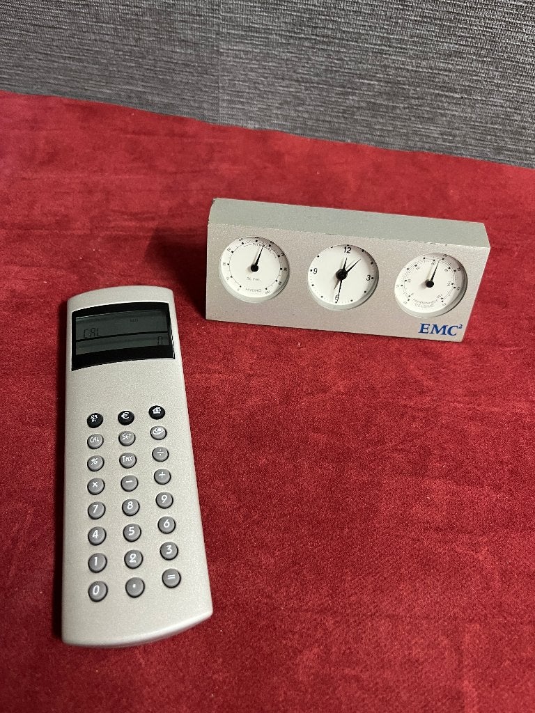 Vintage RVS bureau accessoires weerstation + euro calculator, Ophalen of Verzenden