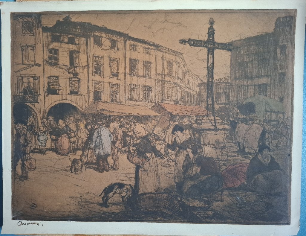 Ingekleurde ets Marktleven Armand Coussens (1881-1935), Ophalen of Verzenden