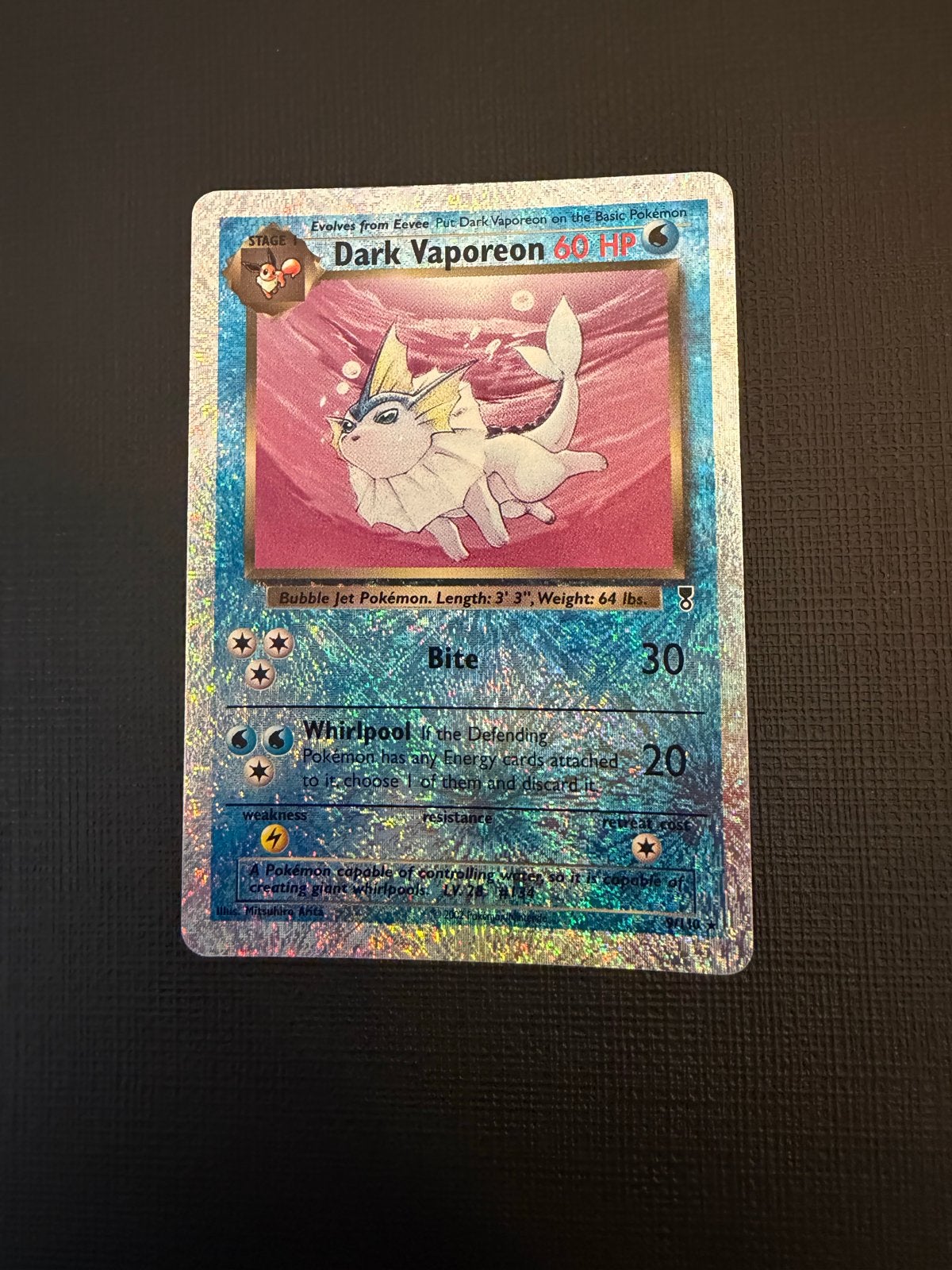 Dark Vaporeon 60 HP Pokémon kaart - legendary reverse, Hobby en Vrije tijd, Ophalen, Zo goed als nieuw, Losse kaart, Foil