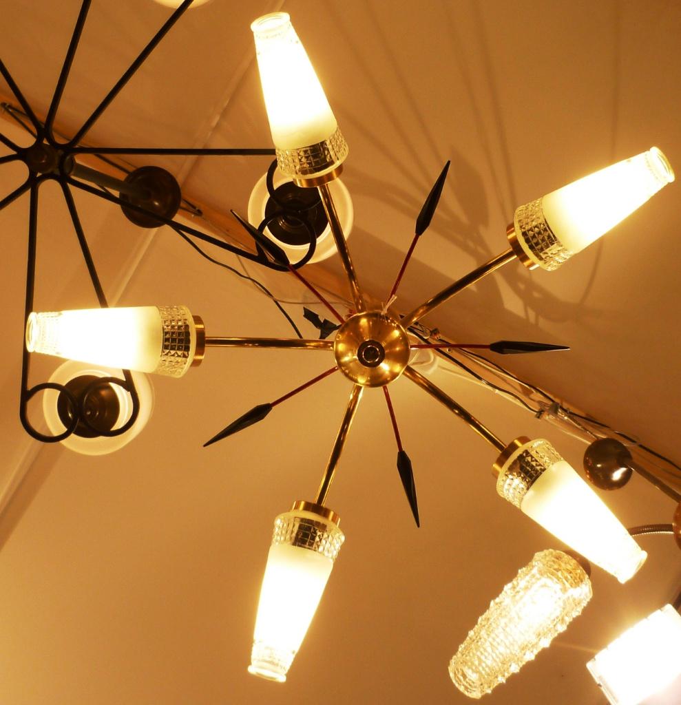 Vrolijk retro lampje jaren 50/60 met 5 kappen., Vintage, Ophalen of Verzenden, Zo goed als nieuw, Glas