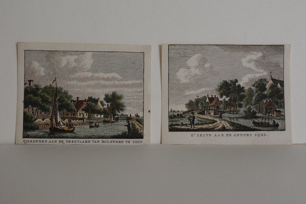 TJERKWERD FRIESLAND Gravures 2X Bulthuis vanaf Bolsward G84, Stadsgezicht, Handgekleurd, Ophalen of Verzenden, Gravure