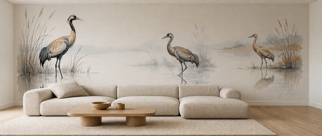 Vogel behang – sierlijke vogels aan een rustige rietplas