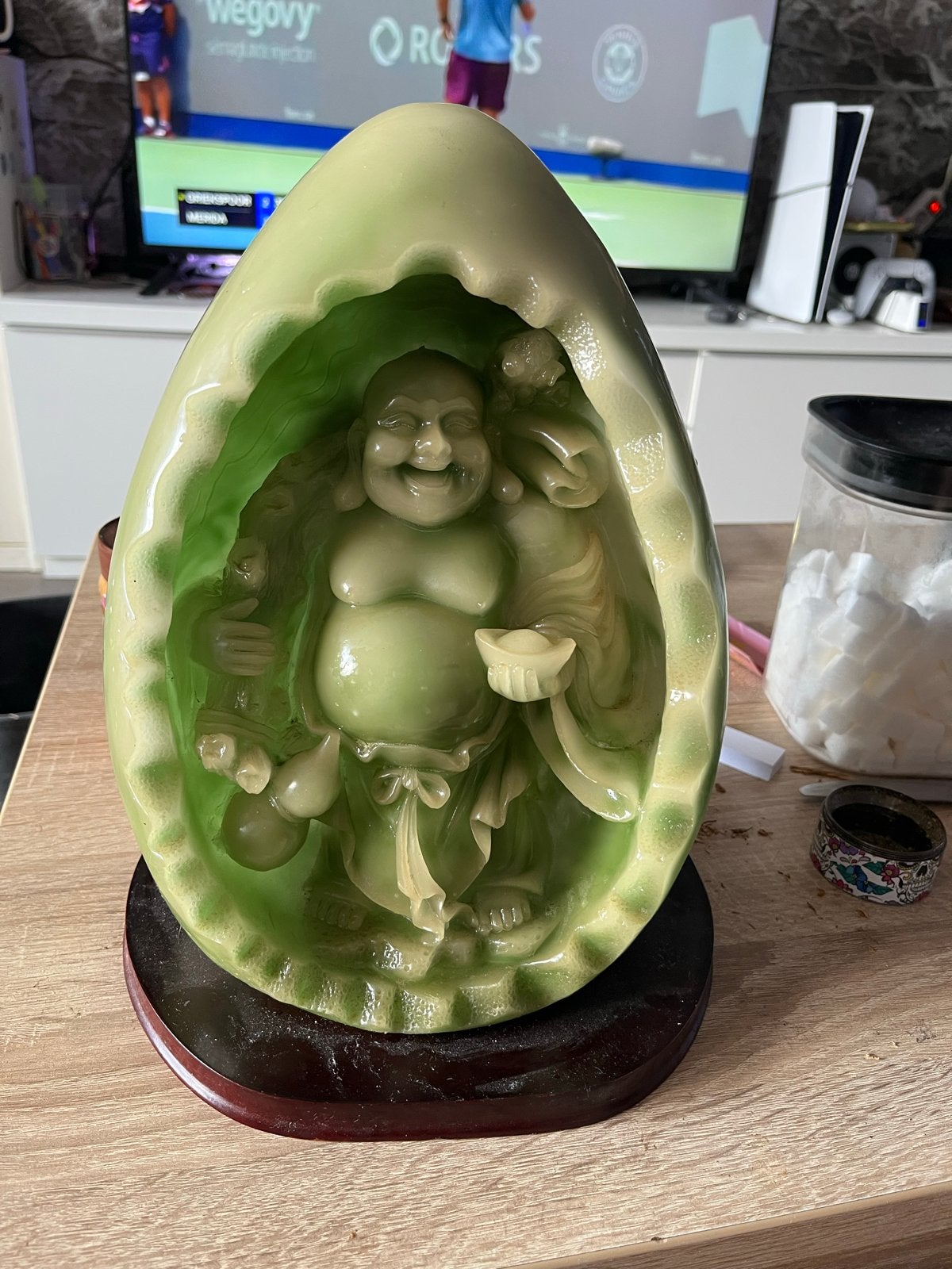 Boeddha beeld in jade-look ei, Ophalen, Handgemaakt, 20 - 50 cm, Steen of Keramiek