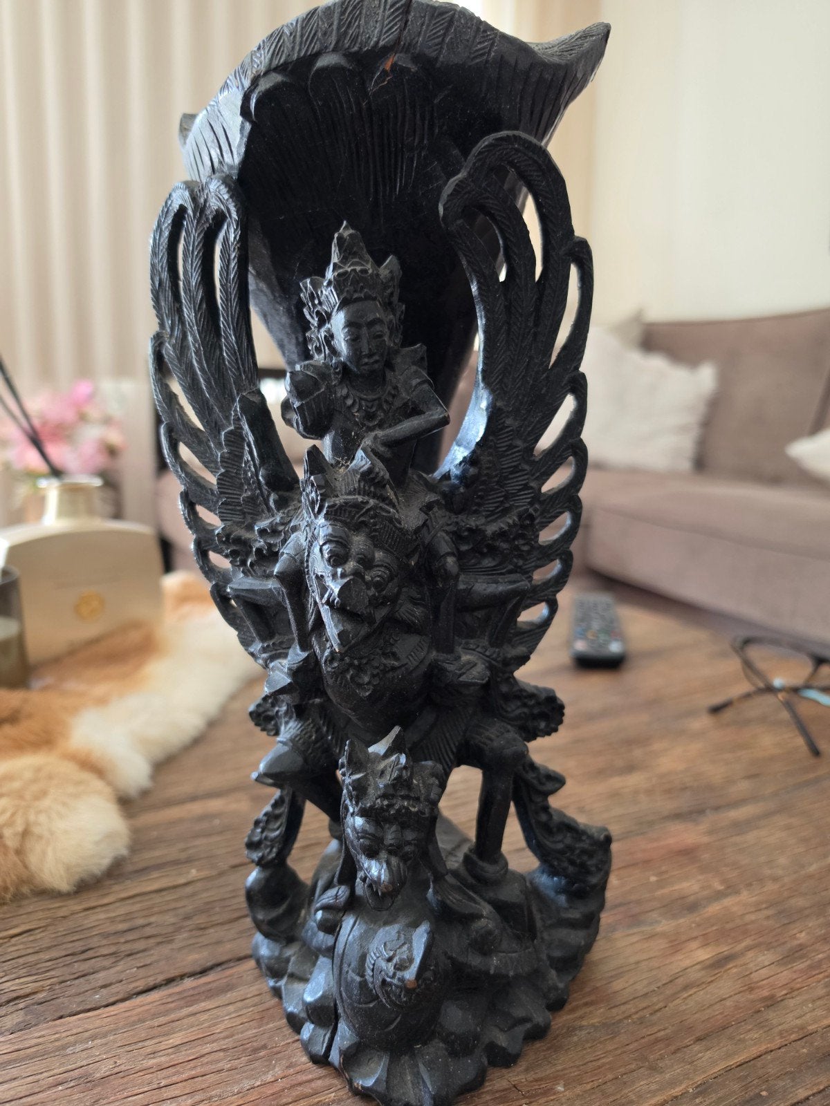 Uniek handgesneden houten beeld van Garuda en Vishnu, Zwart, Handgemaakt, Indonesië, Beeld