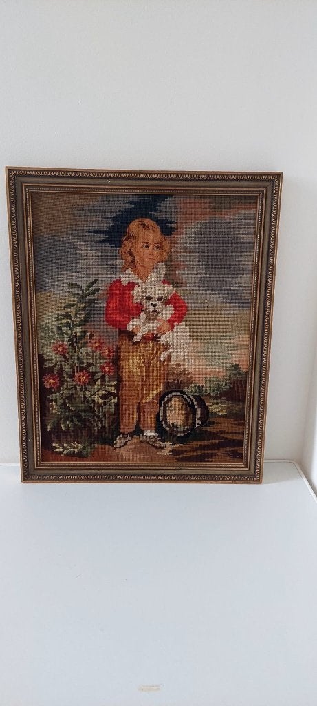 Prachtig vintage ingelijst borduurwerk " shabby, Eu, 58 cm, Eu, Textiel