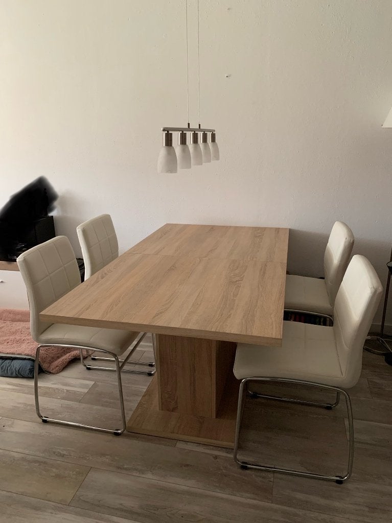 Eettafel (kolomtafel) met stoelen, Huis en Inrichting, Tafels | Eettafels, Ophalen, Eikenhout, 50 tot 100 cm, Zo goed als nieuw