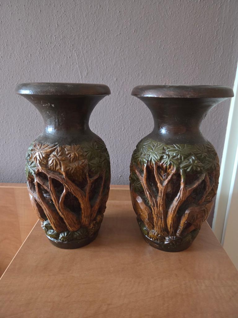 2 houten vazen, Huis en Inrichting, Woonaccessoires | Vazen, Overige materialen, Gebruikt, Overige kleuren, Ophalen of Verzenden