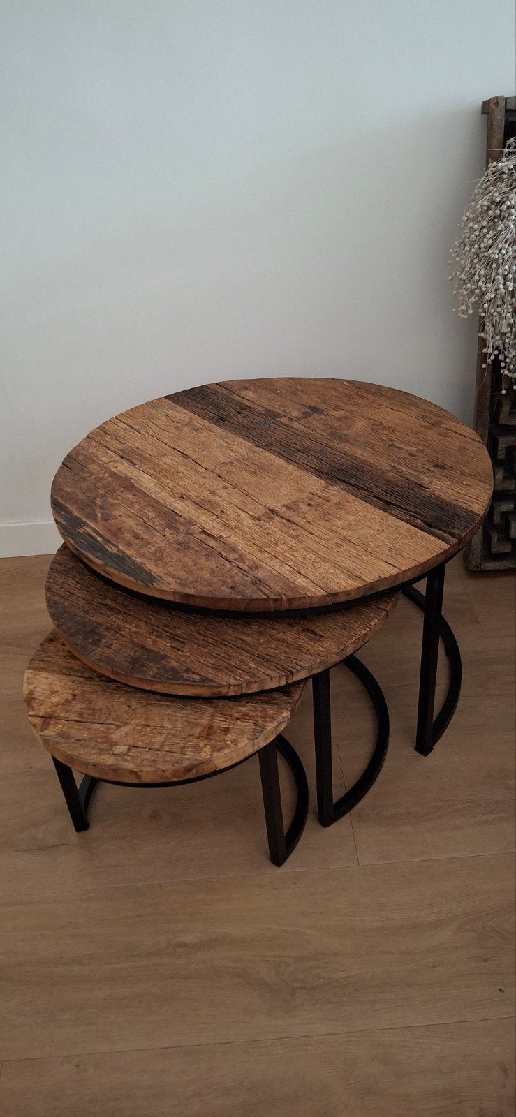 Set van 3 ovale salontafels van gerecycled hout en metaal, 50 – 75, 50 tot 100 cm, 50 tot 100 cm, Zo goed als nieuw