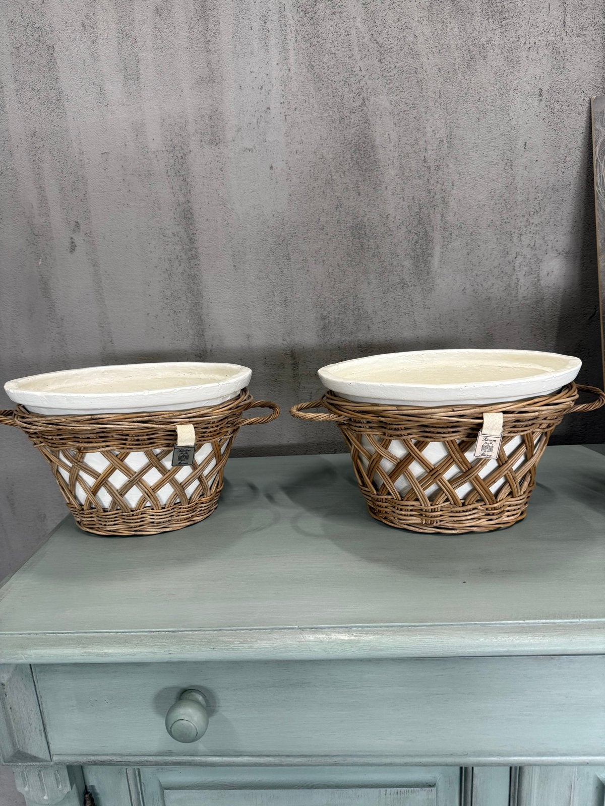Riviera Maison Bloempotten Set van twee - Rotan & Aardewerk, 25 tot 40 cm, Rond, Binnen, Ophalen of Verzenden