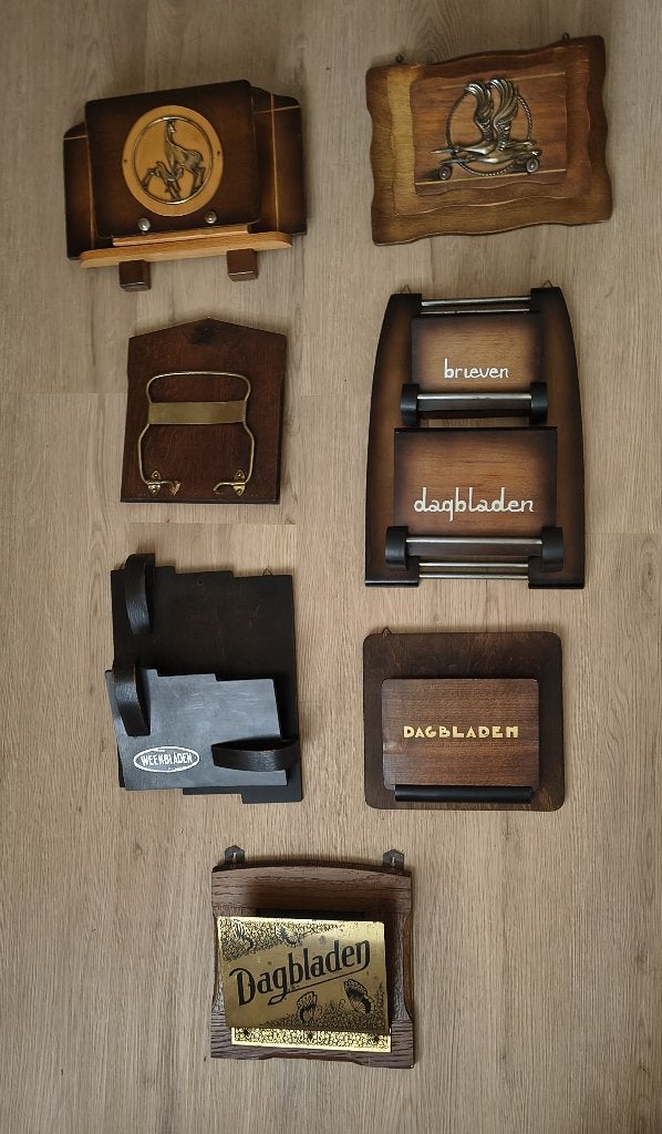 serie vintage houten tijdschrift/brievenpost houders., Vintage, Ophalen of Verzenden, Hout, Decoratieobject