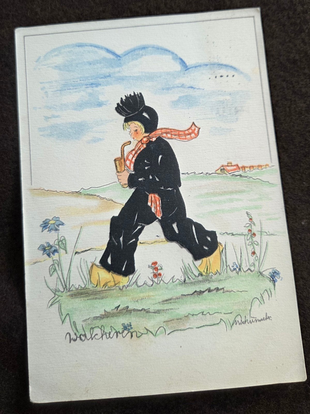 Oude ansichtkaart: Jongen met pijp en klompen, 1943, Verzenden, 1940 tot 1960, Gelopen, Kinderen