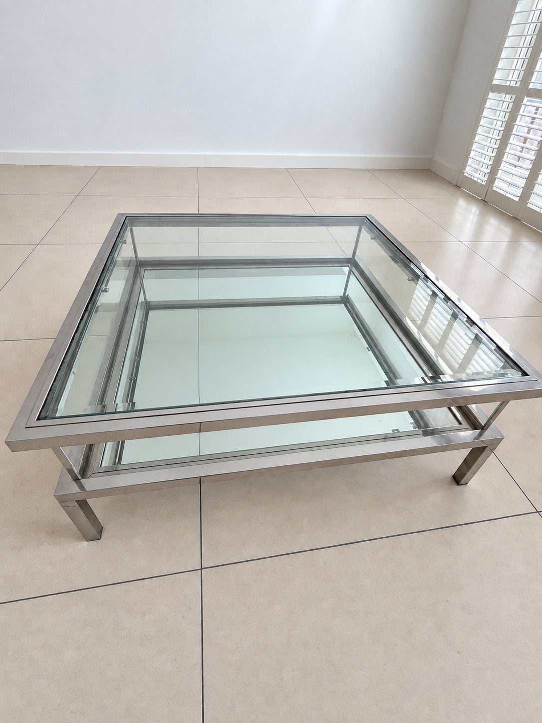 Chique vierkante salontafel zilverkleurig met glas, Ophalen, Gebruikt, Vierkant, Glas