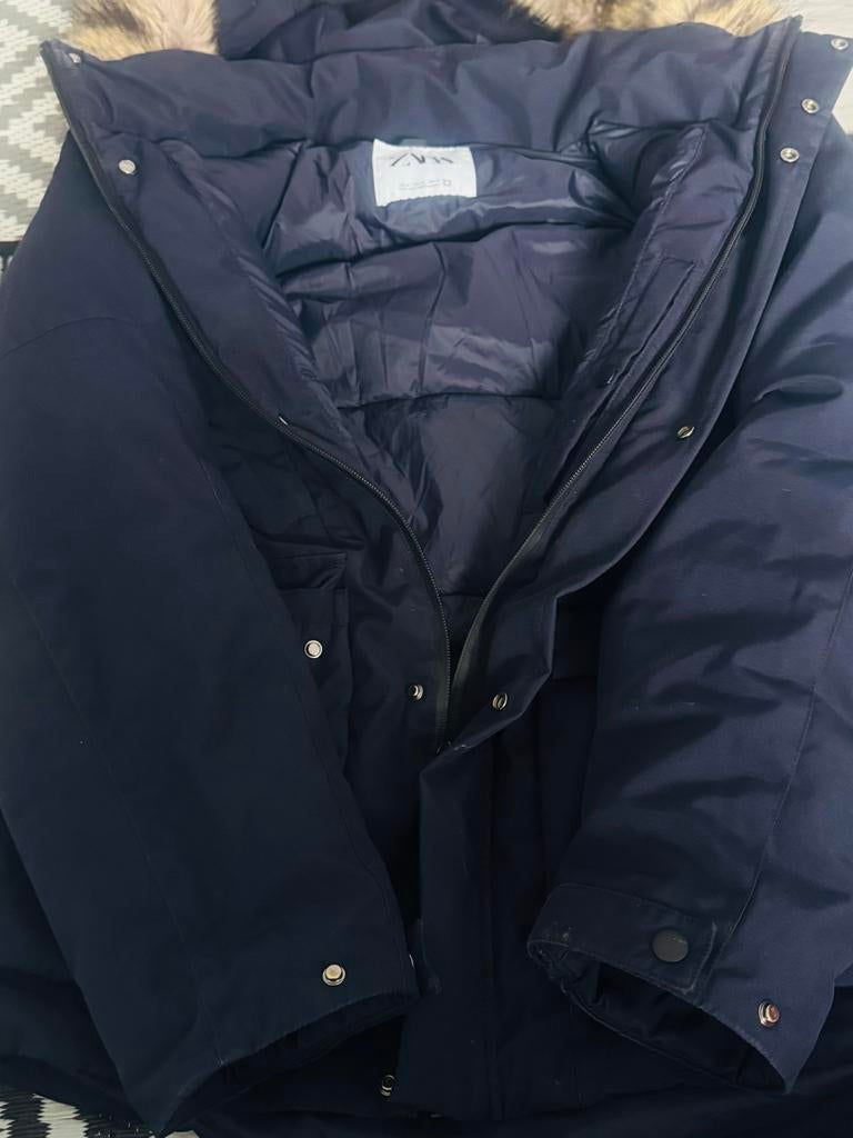 Zara Winterjas met Bontkraag - Donkerblauw, Kleding | Dames, Ophalen of Verzenden, Zo goed als nieuw, Maat 38/40 (M), Blauw