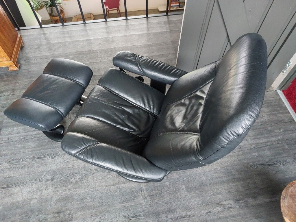 Stressless relaxfauteuil, zwart leer, event. met voetenbank, Huis en Inrichting, Fauteuils, Ophalen, Zo goed als nieuw, 50 tot 75 cm