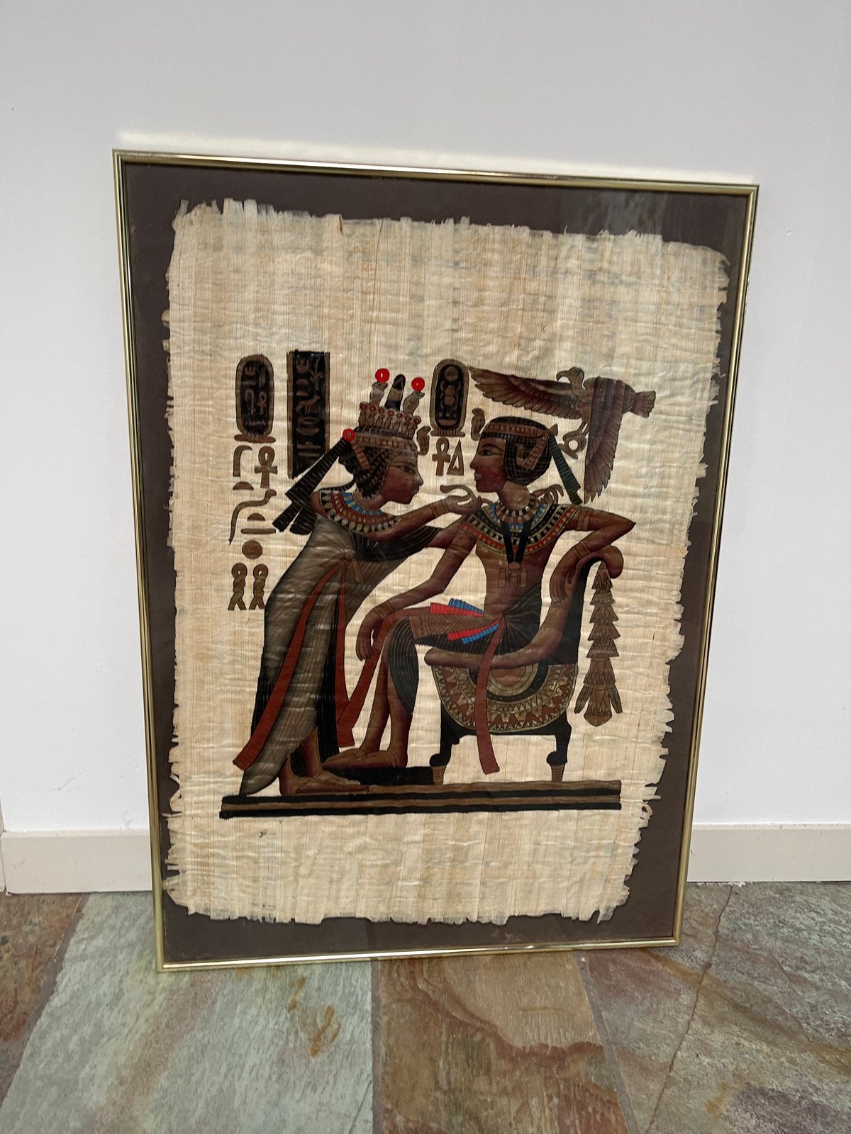 2 ingelijste Egyptische papyrus schilderijen - 71x51 cm, Antiek en Kunst, Ophalen, Schilderij, Papier/karton, Meerkleurig